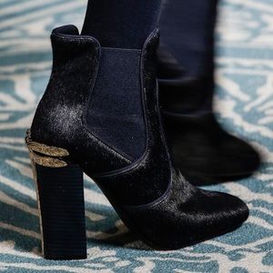 Navy Blue Pony Hair Theodora Ankle Ladies Booties